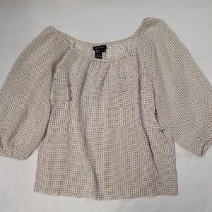 Max Edition Beige With Black Dots Sheer And Pleated Peasant Style Blouse L